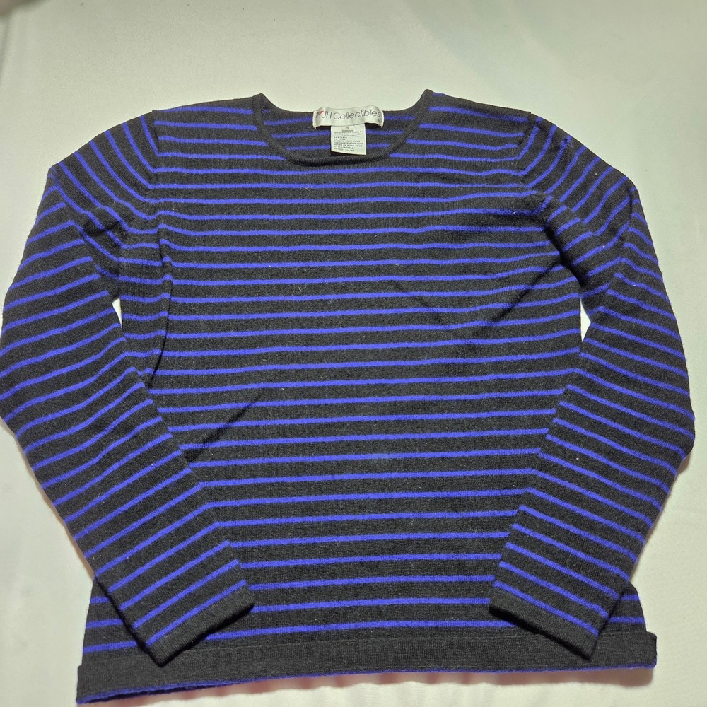 JH Collectibles Womens Merino Wool Striped Sweater Black Blue‎ Crew Neck Small